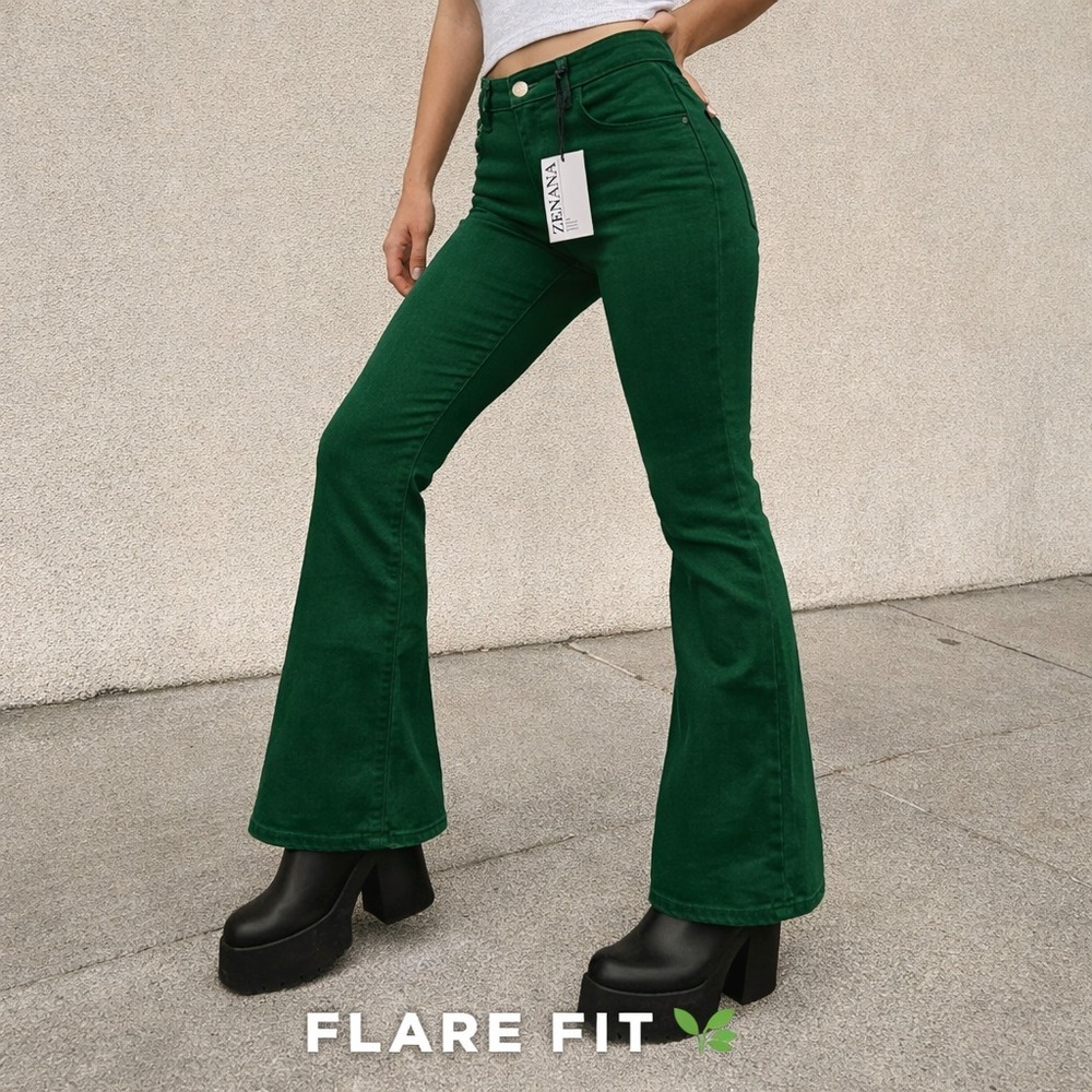 Zenana Green Flare Pants Women's Medium High Rise Retro Bell Bottom NWT Stretch